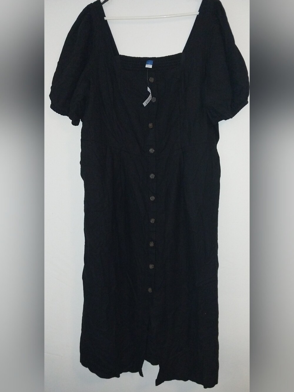 NWT Old Navy 2X Black Linen Blend Button Front Puff Sleeve Midi Dress W/ Pockets